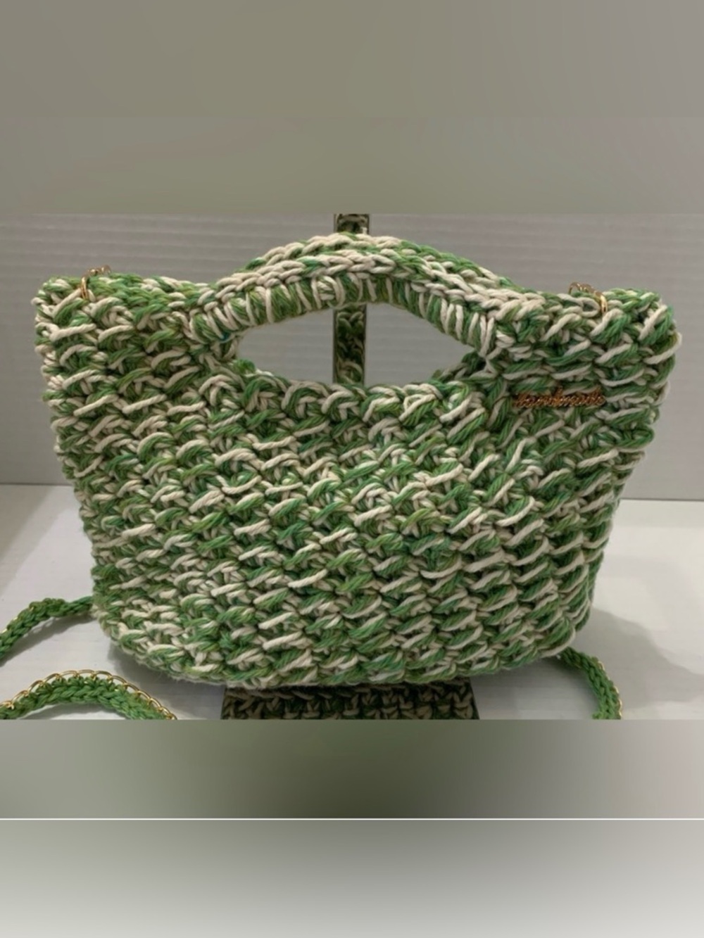 Handmade Crochet Crossbody Woven Design Green & Beige with short/long handle